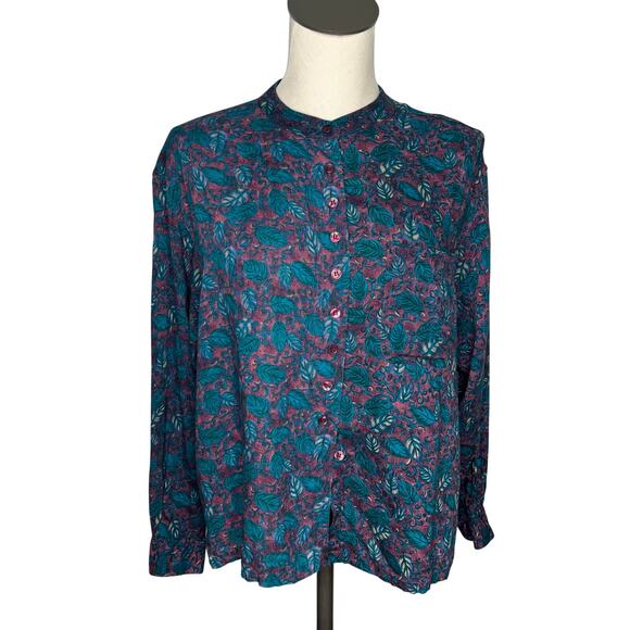 Vintage 80's-90's Basic Editions teal/burgundy button-down blouse Size large - Picture 1 of 6